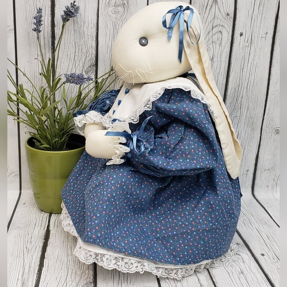 Large Sitting Vintage Handmade Plush Cloth Floppy Ears Bunny Girl Doll - Picture 4 of 14